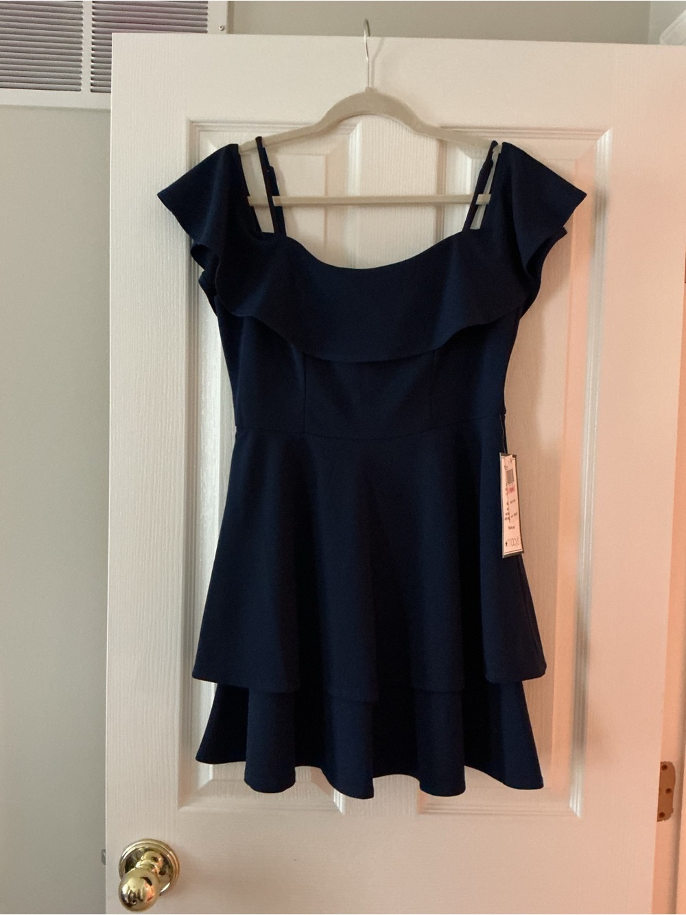 B Darlin Navy Off-Shoulder Ruffle Peplum Dress